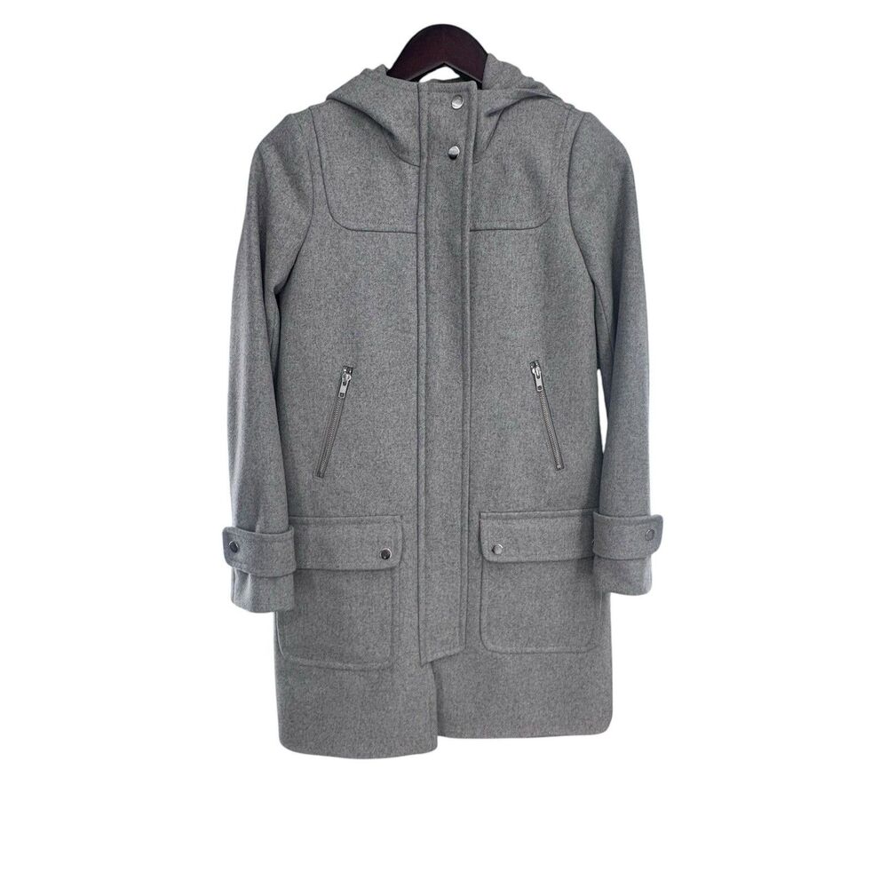 J. Crew Women’s Melton Wool Coat Gray Zip Button Hooded Peacoat Italy 00 Read